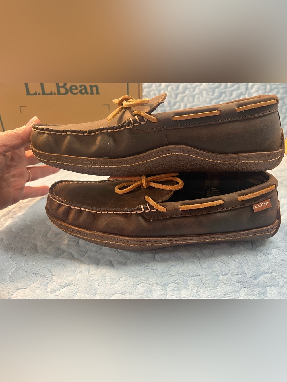 L.L. Bean Brown Leather Moccasin Loafers with Tan Laces - Picture 11 of 16